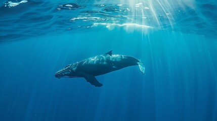 Naklejka premium Whale gliding beneath a shimmering ocean surface