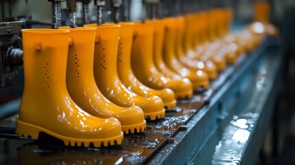 Manufacturing process of yellow rubber boots factory setting industrial photography production line close-up view innovation in footwear