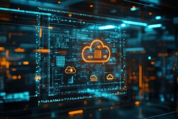 Futuristic cloud computing interface with digital data network visualization