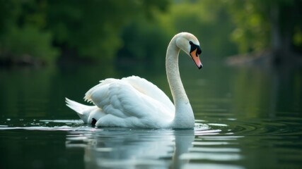 Obraz premium A swan swims on a pond.