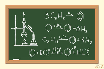 The School Board with Chemical Formulas.. Calculating of Benzene Derivatives. The Poster in a Flat Style. 3D Illustration. Vector