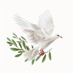 Obraz premium White dove of peace flying with a green olive twig, isolated on white, symbolizing harmony hope.