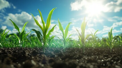 Obraz premium Growing green corn agricultural field nature photography sunny environment low angle sustainable farming concepts