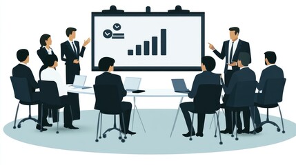 Fototapeta premium Businesspeople in a meeting, reviewing data on a presentation board.