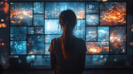 Woman gazing at glowing digital wall, futuristic technology, neon data streams, immersive virtual reality, innovation, AI interface, modern cyber world, curiosity, science and exploration