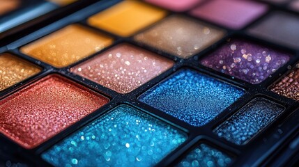 Fototapeta premium Vibrant glitter eyeshadow palette close-up featuring sparkling colors