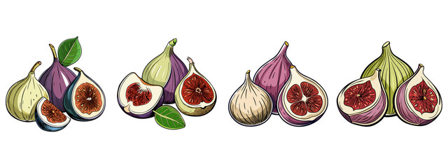 Fresh, ripe, purple whole and half fig fruit, standing in a sketch style, isolated on a transparent background.