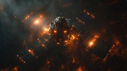 A damaged space station engulfed in flames amidst a starry backdrop.