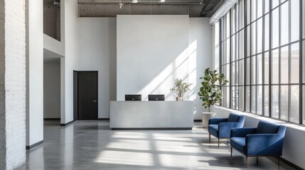 Modern minimalist office reception area with concrete floors, large windows, and blue armchairs.