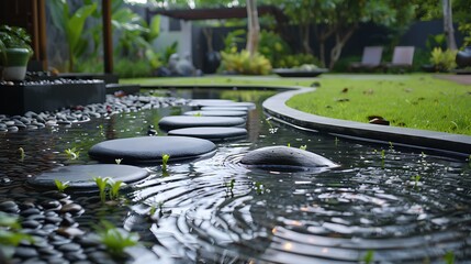 Tranquil zen garden with carefully arranged stones and a rippling pond