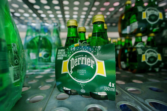 Tyumen, Russia-November 02, 2024: Perrier is a brand of mineral water from a spring in the French village