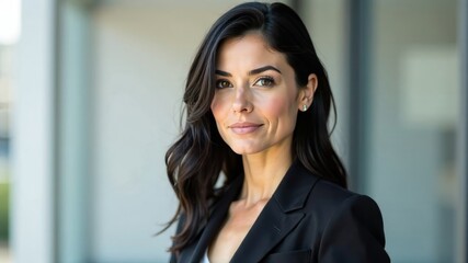 Naklejka premium Portrait of serious adult hipster woman of Caucasian appearance with black hair