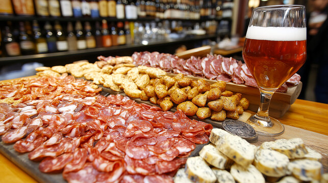 Tabla de embutidos con cerveza en una barra de bar