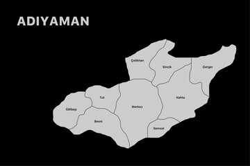 Adiyaman district map, isolated city map in turkey.