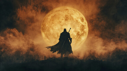 Fototapeta premium A knight silhouetted against a glowing moon, his sword raised high as the mist swirls around him.