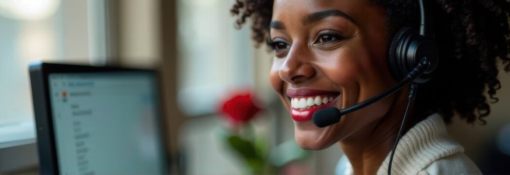 Smiling afro-american call center agent wearing a headset with a computer screen and a red rose in the background - Powered by Adobe