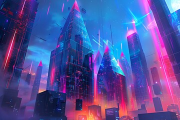 Obraz premium A futuristic cityscape with floating, interconnected spheres and angular structures made of mirrored glass