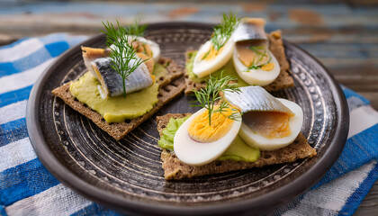 pickled, herring, bread, with, in, mustard, sauce, egg, arugula, cod, roe, pastes, morrebrod, new, close up, food, sandwich, meal, snack, schweden, swedish, matjes, breakfast, lunch, fish, plate, wood