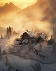 Fototapeta premium Misty mountain village at sunrise, snow-covered houses and trees.