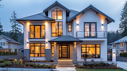 Obraz premium Modern Two-Story House with White Exterior and Grey Accents, Generative Ai.