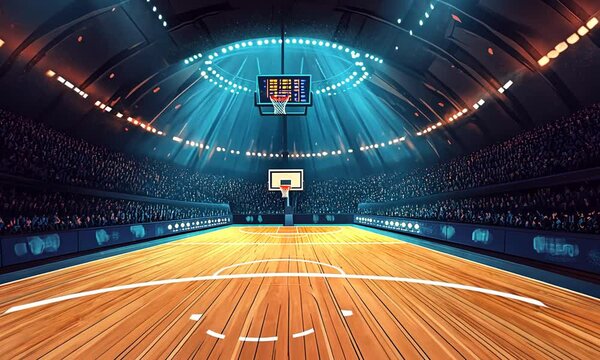 A well-lit basketball court in a packed arena, ready for an exciting game.