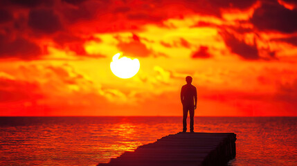 Silhouette of a person observing a vibrant sunset over the ocean. A dramatic sunset paints the sky in vibrant reds and oranges.