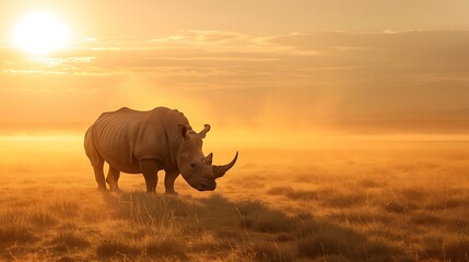 Obraz premium Rhino standing in a misty plain at dawn