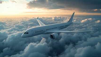 Sleek futuristic aircraft flying above clouds, sunrise light, advanced aerodynamics, luxury private jet, aviation innovation, high-tech design, scenic sky travel, futuristic transportation