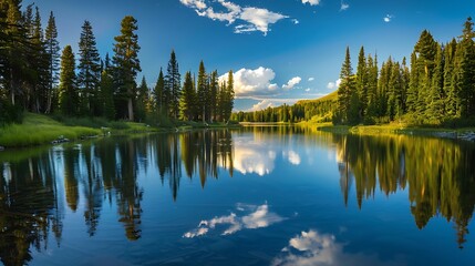 Obraz premium Quiet lake surrounded by pine trees reflecting the night sky