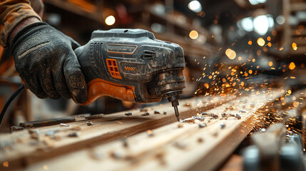 carpenter uses robust power nailer attach wooden planks lively workshop filled tools and ongoing projects showcasing craftsmanship and productivity.