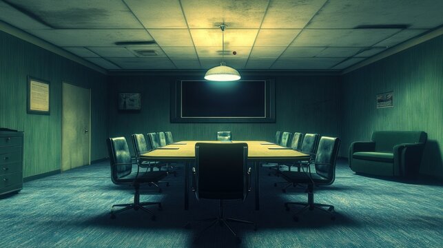 Dimly lit, vintage conference room with long table and chairs.