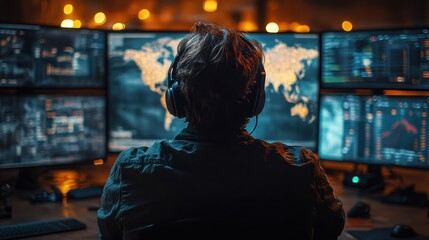 Man working in command center with glowing digital world map on multiple monitors, global data analysis, cyber technology, futuristic surveillance, and network operations