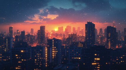 Obraz premium Vibrant sunset over a cityscape at night, with warm orange and purple hues illuminating the buildings.