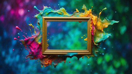 Vibrant splash of colors surrounding an empty frame inviting imagination and creativity