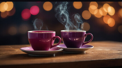 Fototapeta premium Warm cups of coffee on a wooden table amidst softly blurred lights create a cozy atmosphere for conversation and relaxation