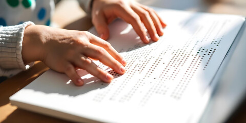 Close-Up of Hands Reading Braille Text for Accessibility and Inclusion Themes, Child Learning Braille on a Tactile Book for Visually Impaired Education