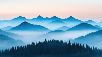 Obraz premium Misty blue mountains and forest at dawn.