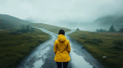 A woman in a yellow jacket standing at a crossroads, contemplating which path to take for a new beginning