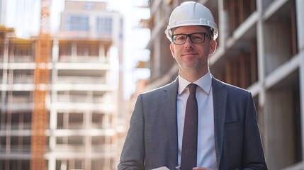 Fototapeta premium Businessman, architect and helmet for safety in construction, project management or meeting on site. Man holding hard hat for industrial architecture, teamwork or maintenance and building in the city