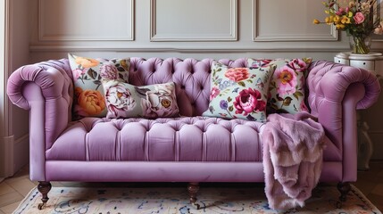 A living room with sofa in purple