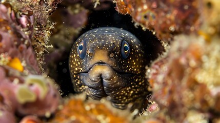 Moray eel lurking among ocean rocks