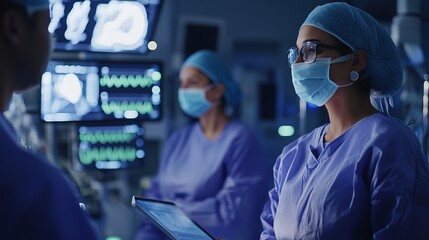 Medical advice, help and doctors with a tablet for healthcare, research and medicine planning. Communication, collaboration and men working in cardiology talking about surgery results on technology