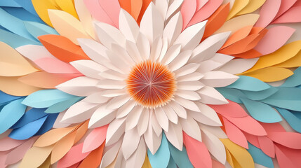 Fototapeta premium Colorful paper art featuring large flower design made of layered petals in shades of blue, pink, orange, and white, creating vibrant and cheerful atmosphere