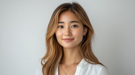 Naklejka premium Portrait of a young Asian woman with long brown hair smiling gently against a light gray background.
