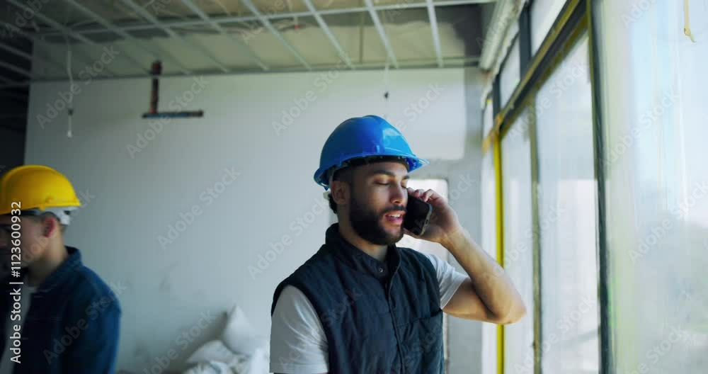 Poster man, civil engineer and talking with phone call for construction, architecture chat and building pro