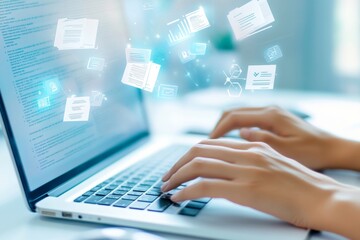 Obraz premium Hands typing on interactive screen with document icons, representing ai in project management