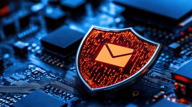 shield icon with an envelope symbol rests on a detailed circuit board, representing email security and digital protection in technology