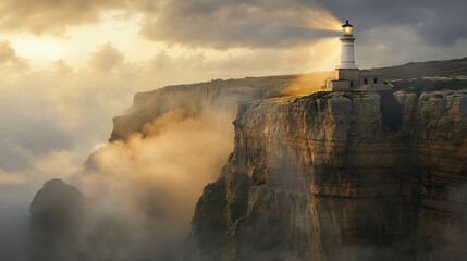 Fototapeta premium A lighthouse perched dramatically on a rugged canyon rim, its light cutting through dense mist.