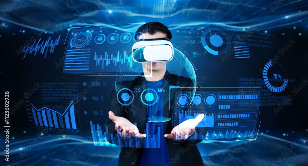 Poster smart business man with goggles working while using ai technology. manager accessing at global netwo