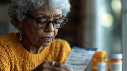 senior woman with gray hair and glasses closely examines a medication label while sitting at a table. Orange pill bottles are visible, creating a thoughtful atmosphere in her cozy home